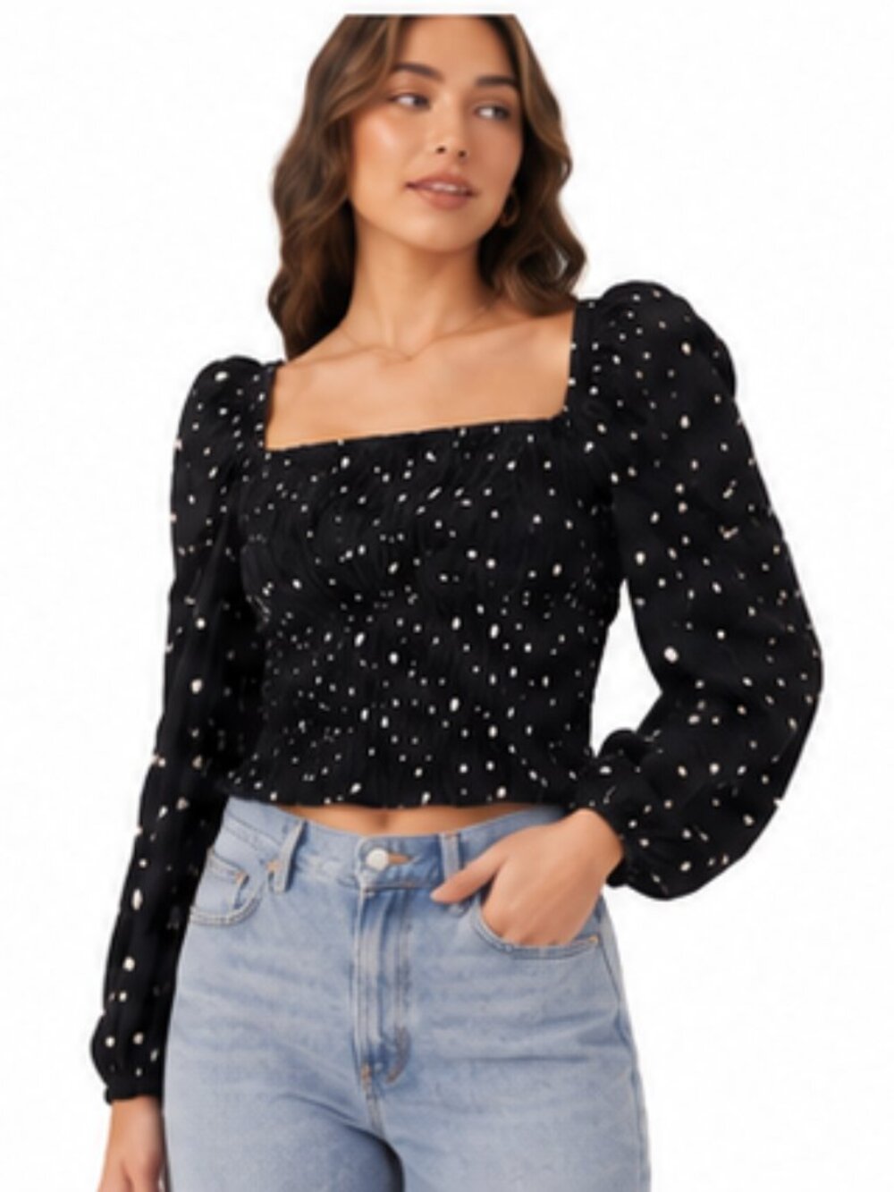 ASTR The Label Polka Dot Smocked Puff Sleeve Crop Top Black Ivory Size Small